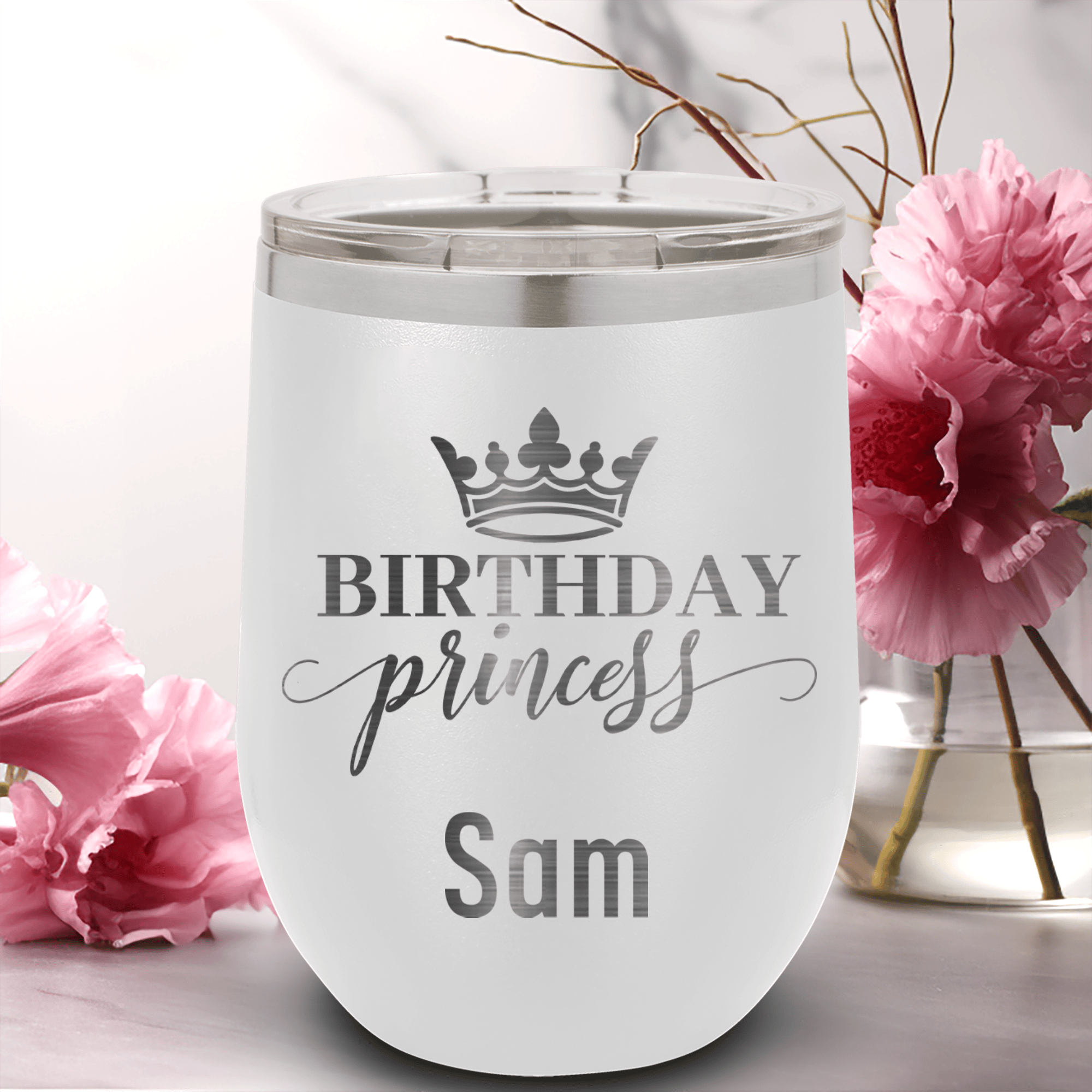 White Birthday Wine Tumbler With Birthday Princess Design