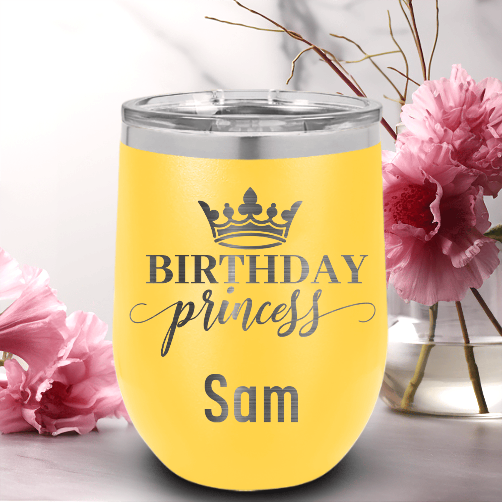 Yellow Birthday Wine Tumbler With Birthday Princess Design