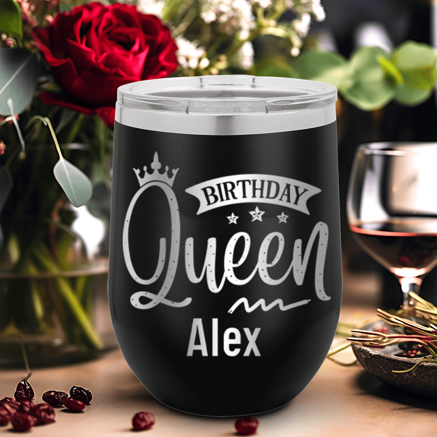 Black Birthday Wine Tumbler With Birthday Queen Design