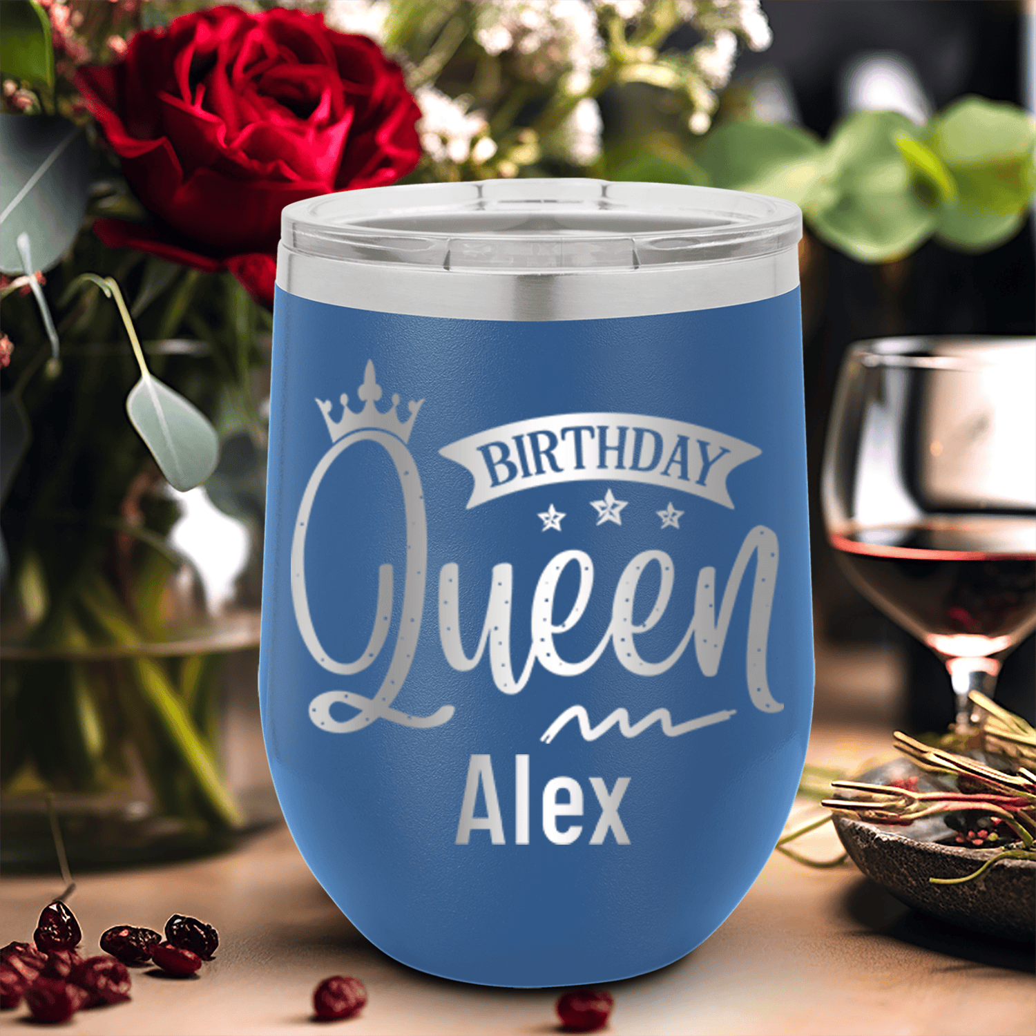 Blue Birthday Wine Tumbler With Birthday Queen Design
