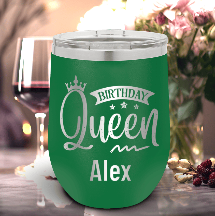 Green Birthday Wine Tumbler With Birthday Queen Design