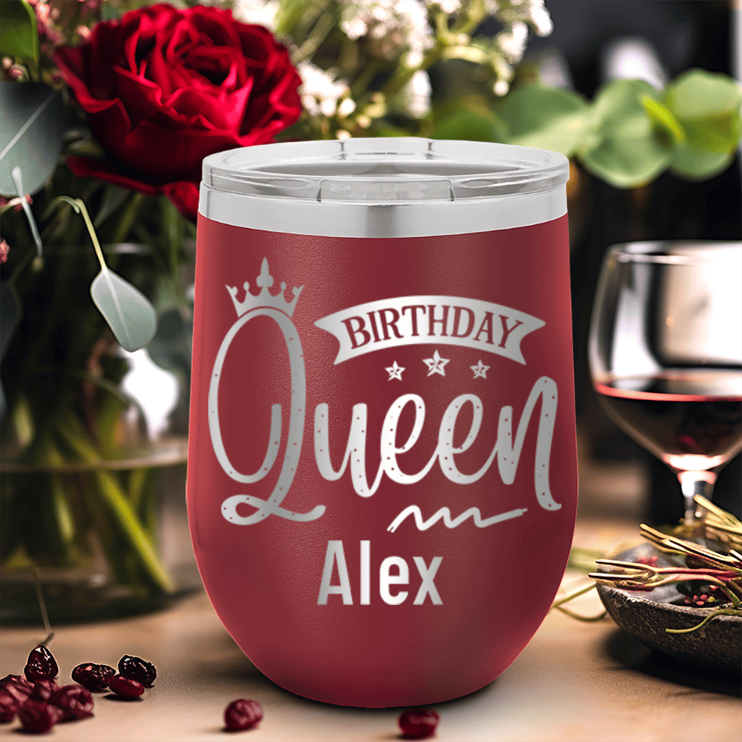 Maroon Birthday Wine Tumbler With Birthday Queen Design