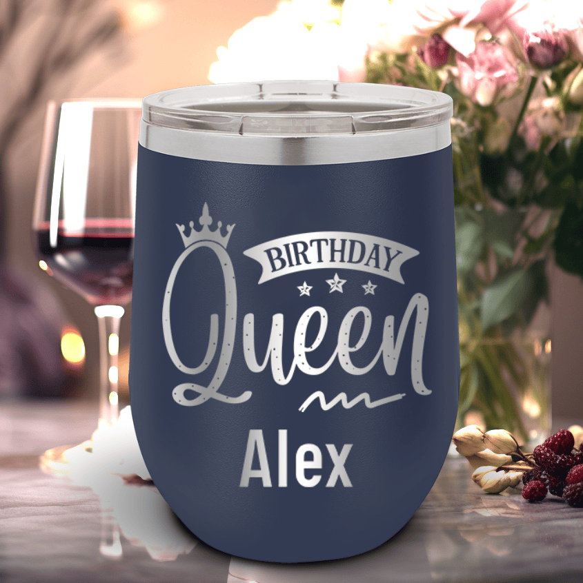 Navy Birthday Wine Tumbler With Birthday Queen Design