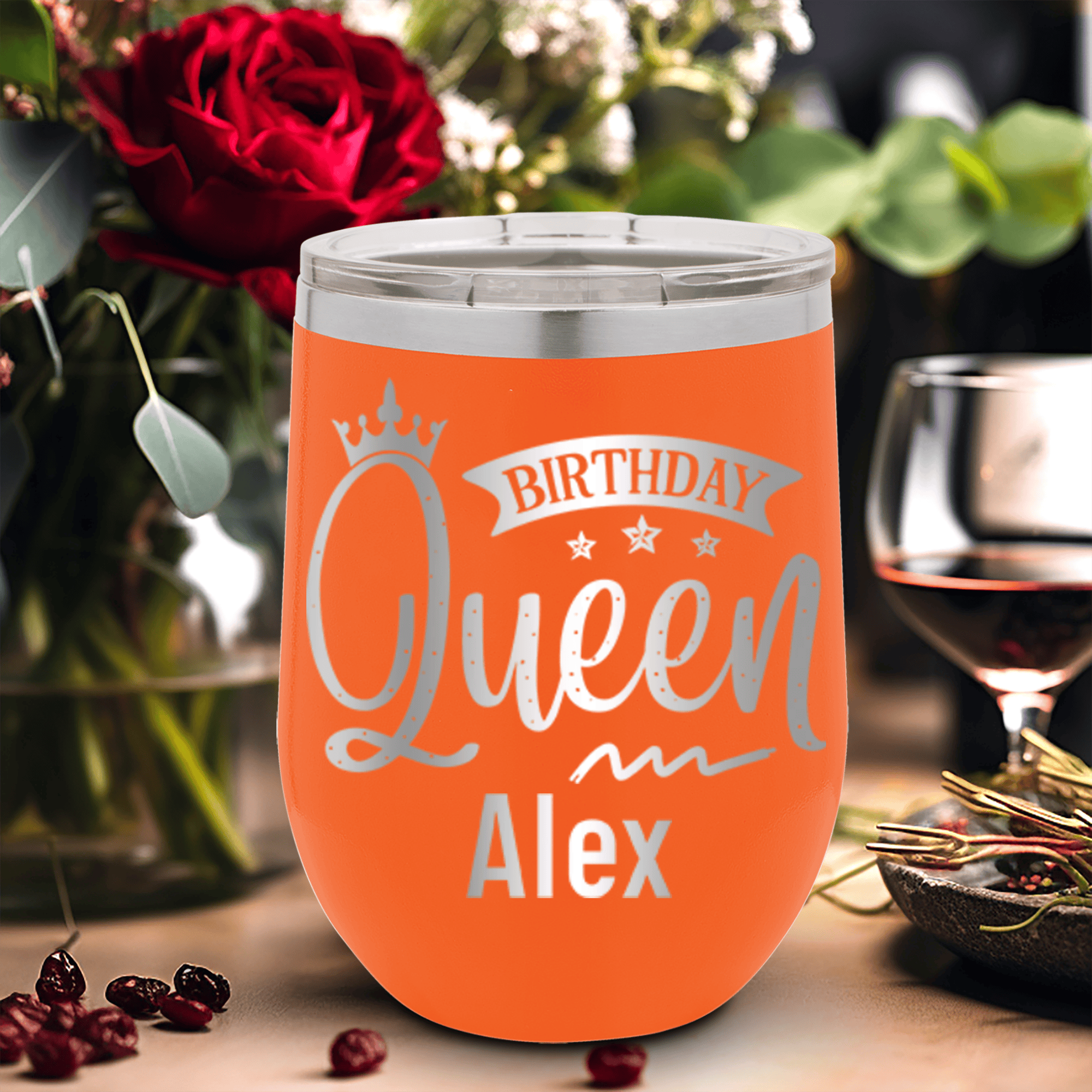 Orange Birthday Wine Tumbler With Birthday Queen Design