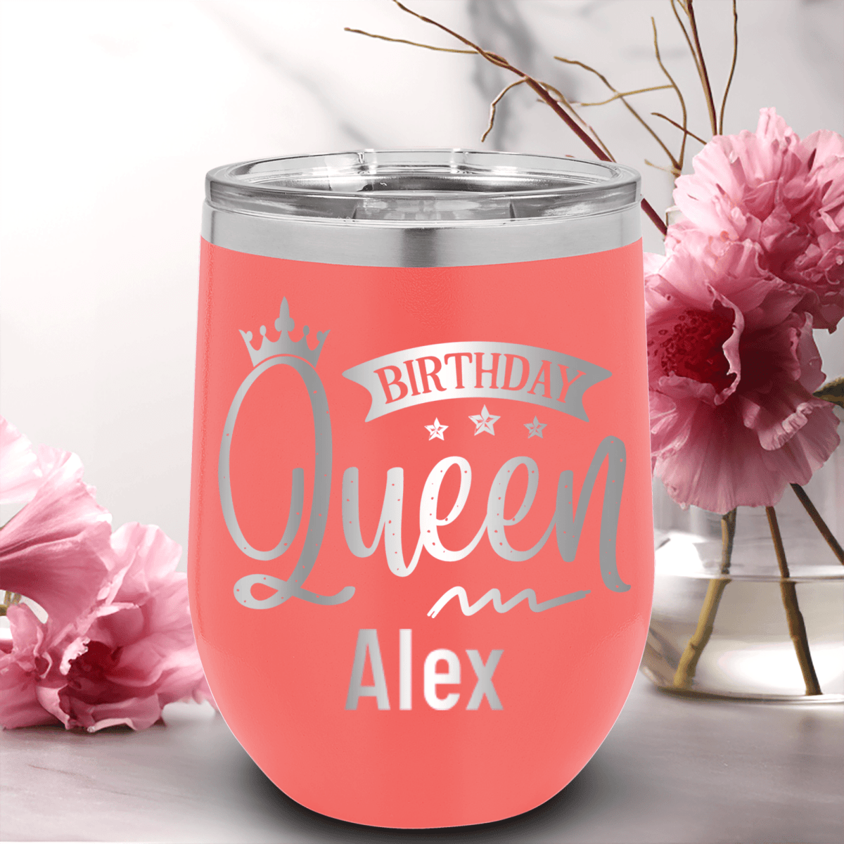 Salmon Birthday Wine Tumbler With Birthday Queen Design