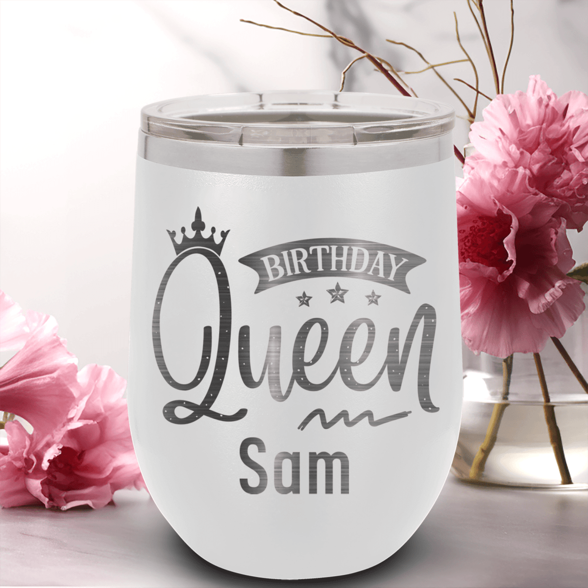 White Birthday Wine Tumbler With Birthday Queen Design