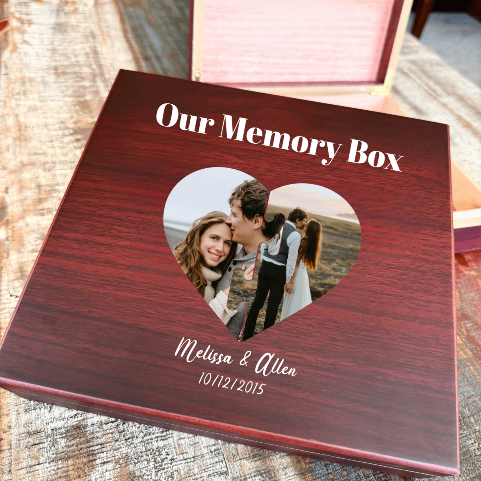 Personalized memory box with heart photo collage and custom names on cherry wood