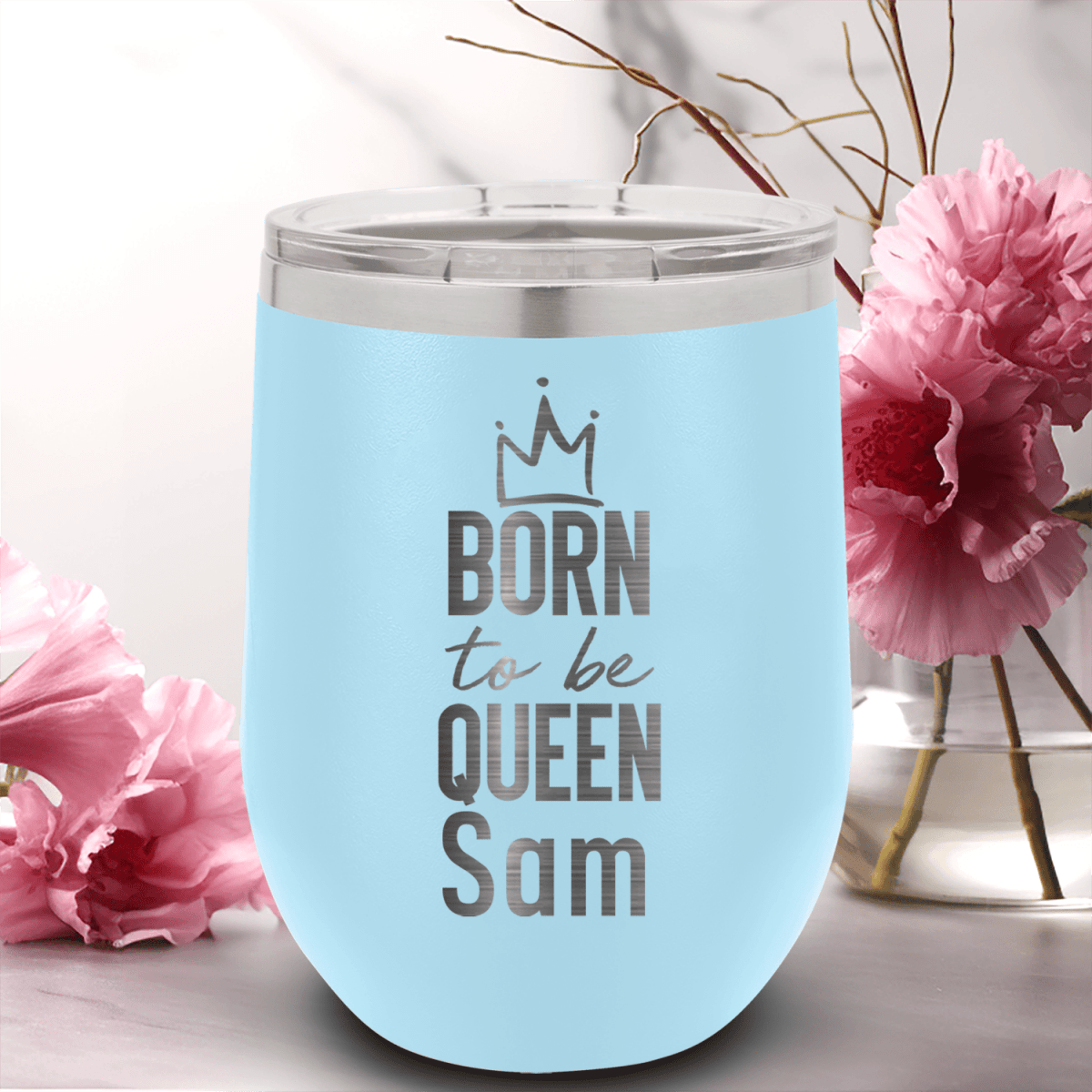 Light Blue Birthday Wine Tumbler With Born To Be Queen Design