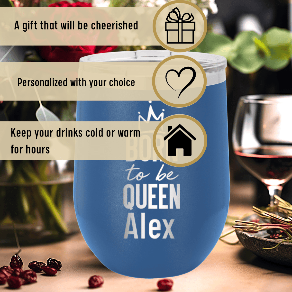 Personalized Born To Be Queen Wine Tumbler for her, Customized Gifts for Women by Groovy Girl Gifts