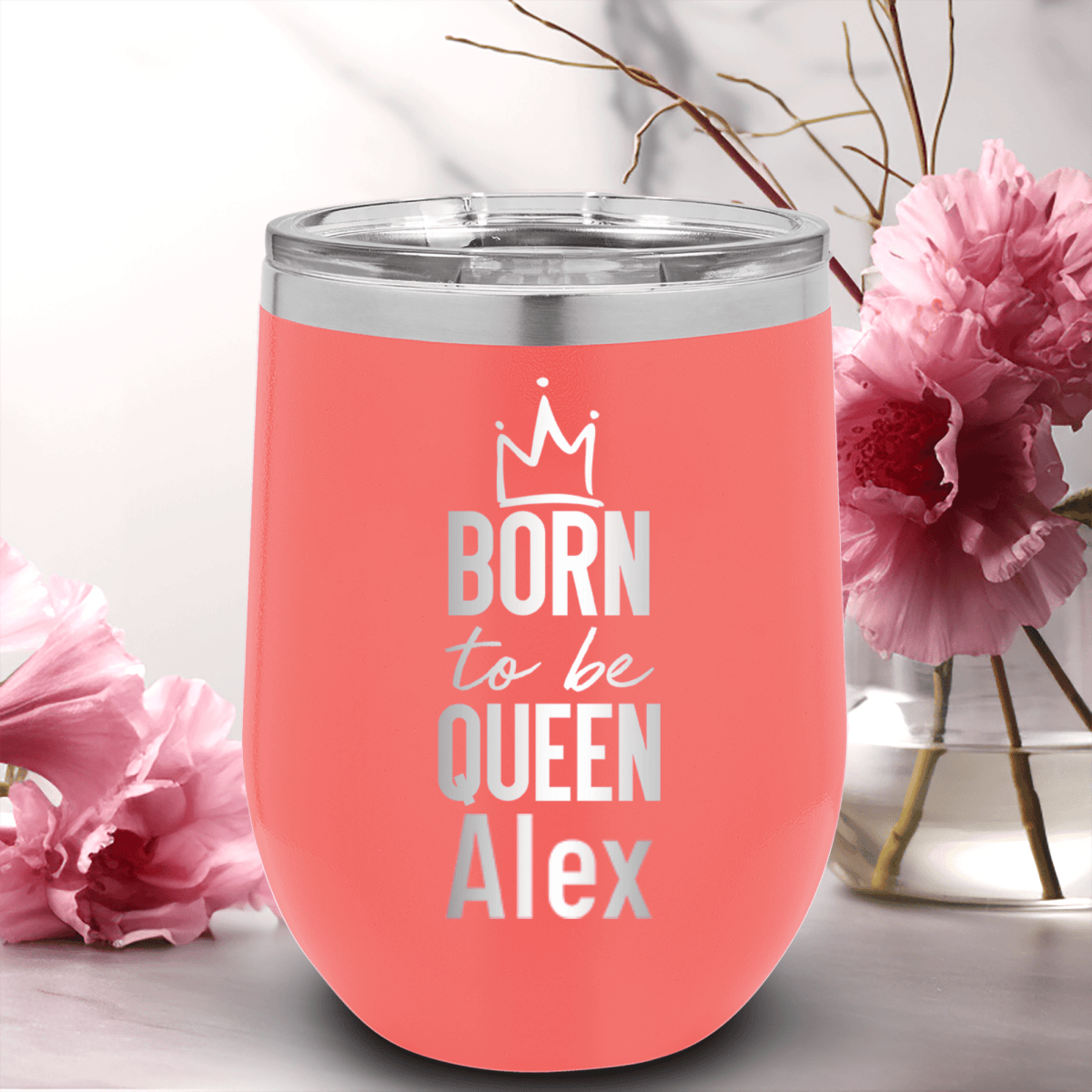 Salmon Birthday Wine Tumbler With Born To Be Queen Design