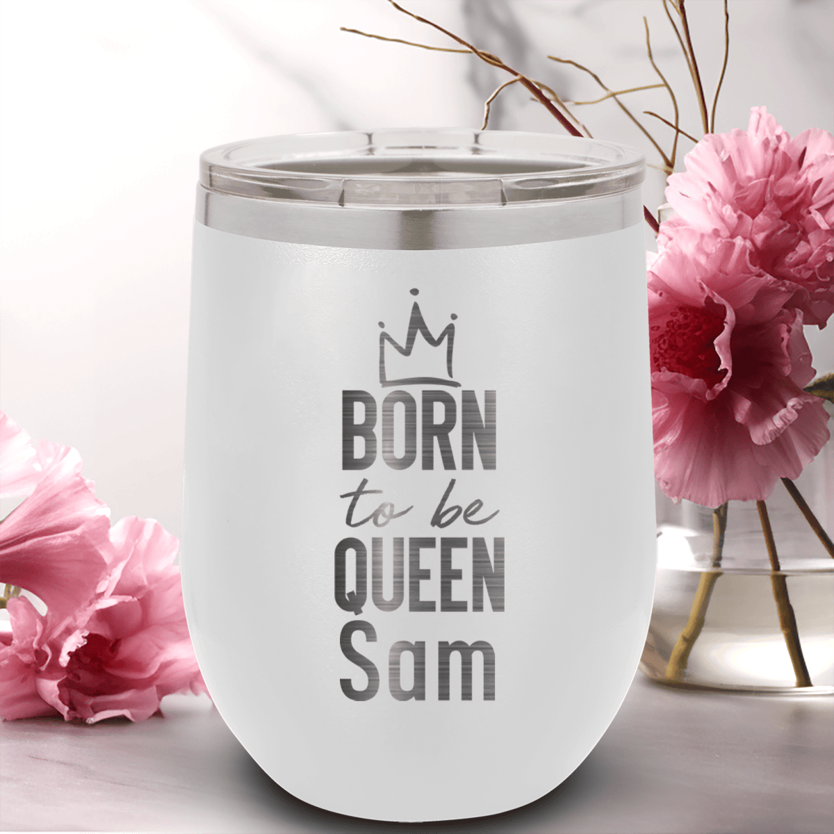 White Birthday Wine Tumbler With Born To Be Queen Design