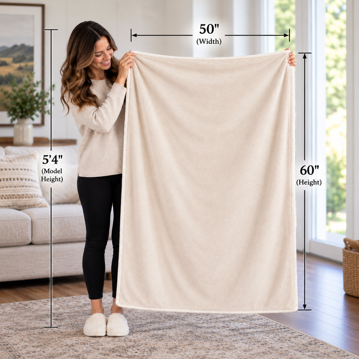 A woman stands in a living room holding up a large cream fleece blanket or throw, with measurement arrows and text showing the dimensions: 50 inches wide, 60 inches high, and the model height of 54 inches.