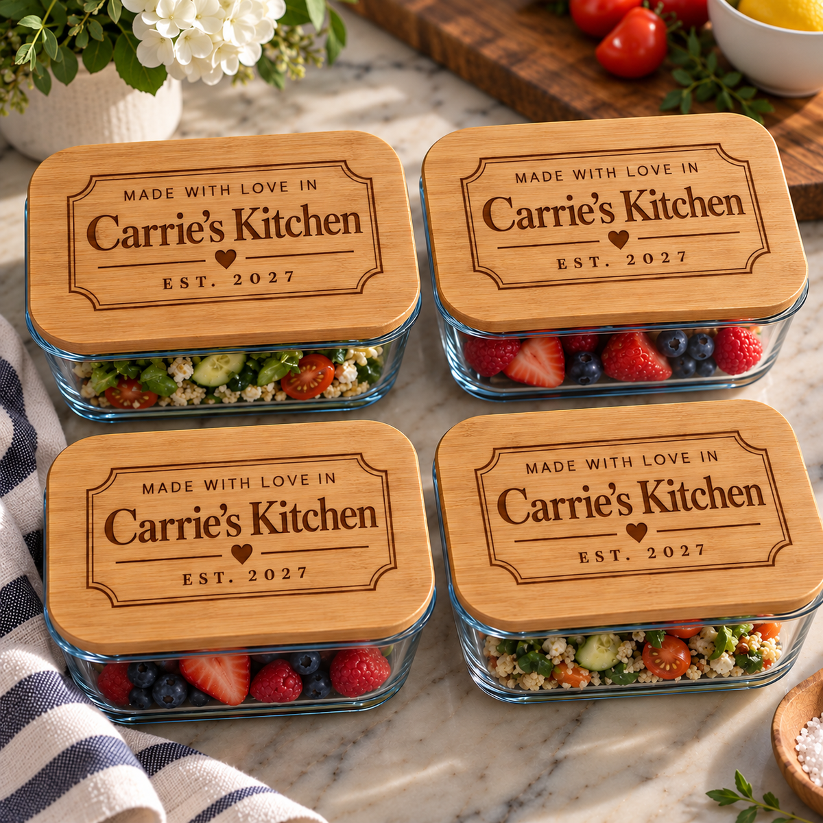 Four clear glass meal prep containers with rectangular lids, each topped with a natural wood lid engraved with the text 'MADE WITH LOVE IN Carrie's Kitchen EST. 2027'.