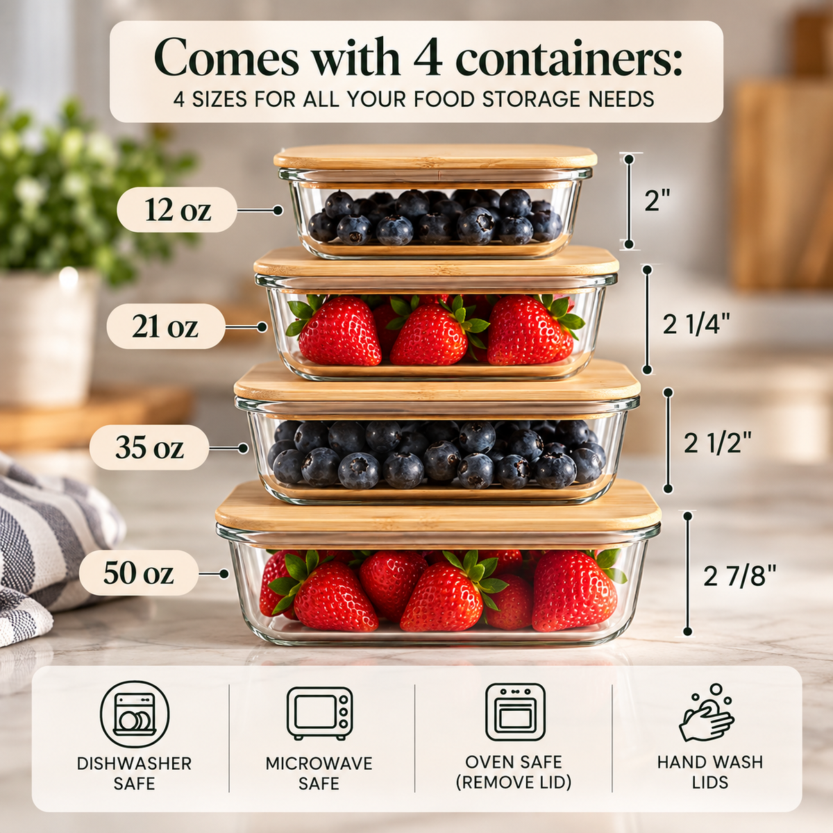 Hand placing a personalized glass food storage container with an engraved bamboo lid onto a wooden kitchen island, filled with raspberries and blueberries