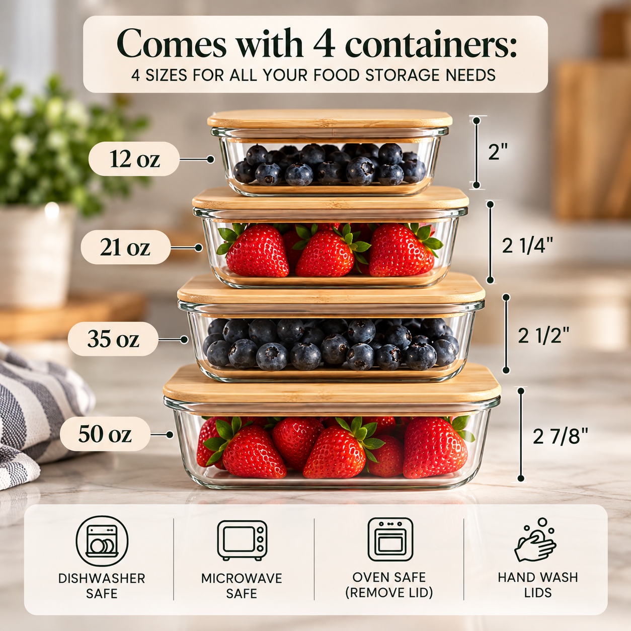Hand placing a personalized glass food storage container with an engraved bamboo lid onto a wooden kitchen island, filled with raspberries and blueberries