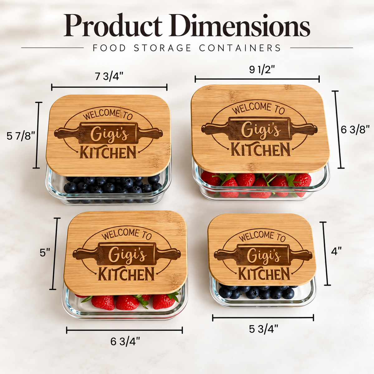 Four glass food storage containers in graduated sizes, 12 ounces to 50 ounces, with measurements shown for each engraved bamboo lid
