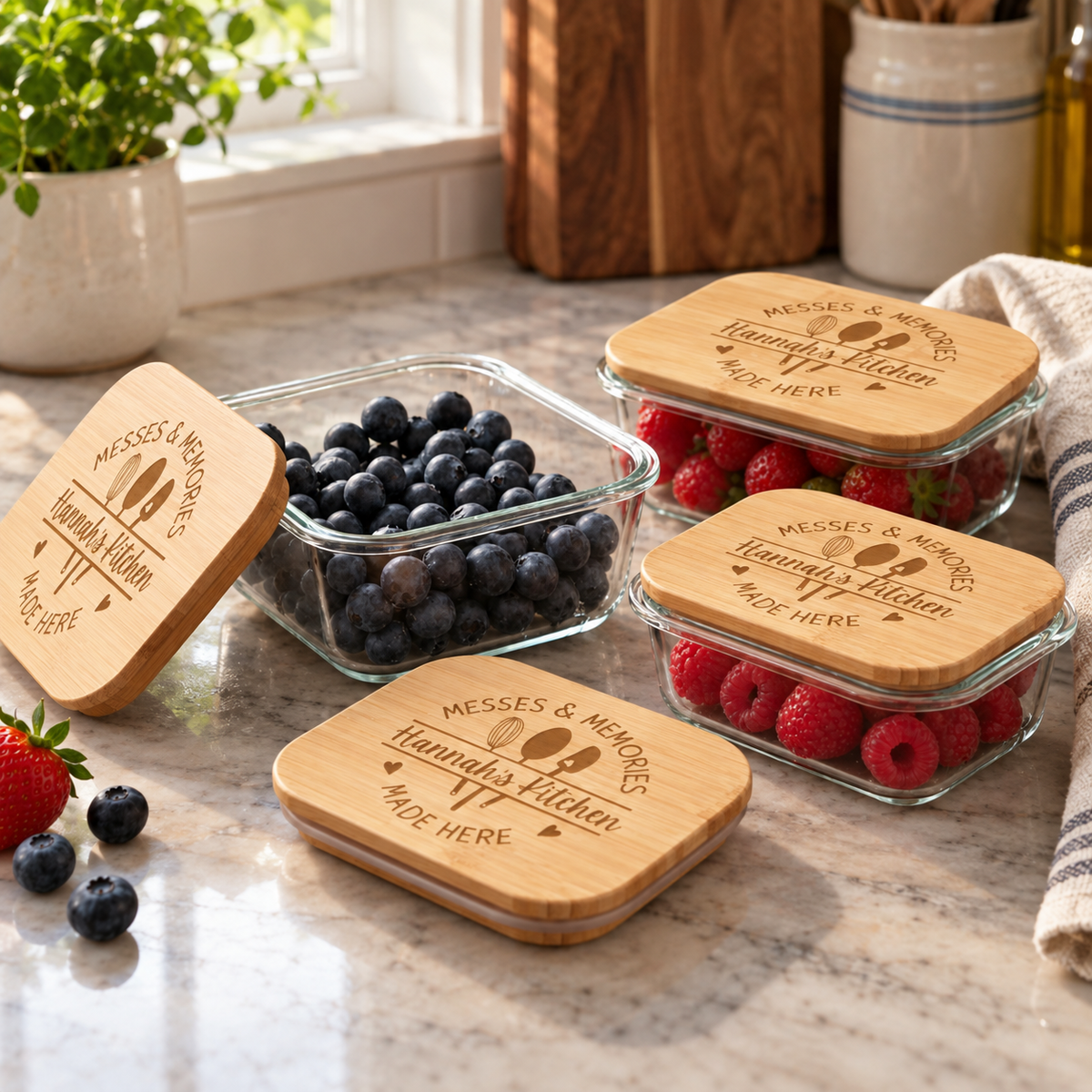 Glass food storage container with the bamboo lid lifted off, showing an airtight seal, filled with blueberries next to fresh strawberries