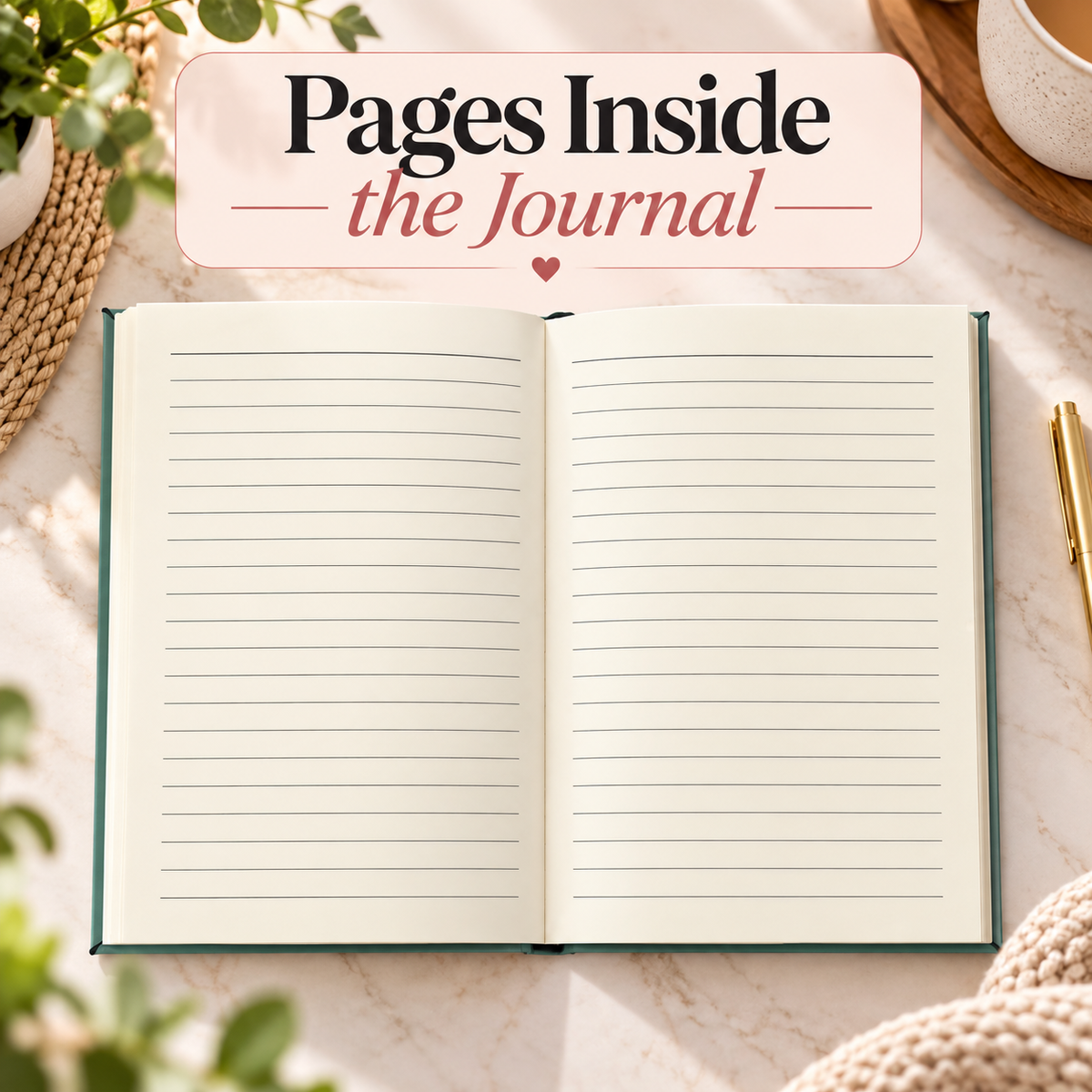 Open leatherette journal from the personalized travel gift set, showing blank lined pages inside with a gold pen resting beside it.