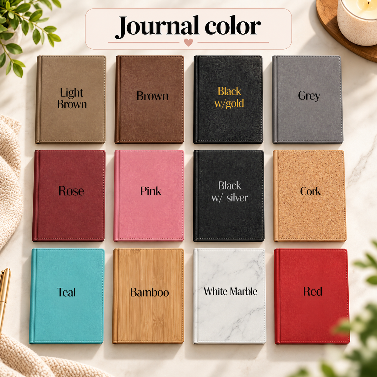 Twelve leatherette journal color options for the personalized travel gift set, including light brown, black with gold, pink, teal, bamboo, and white marble.