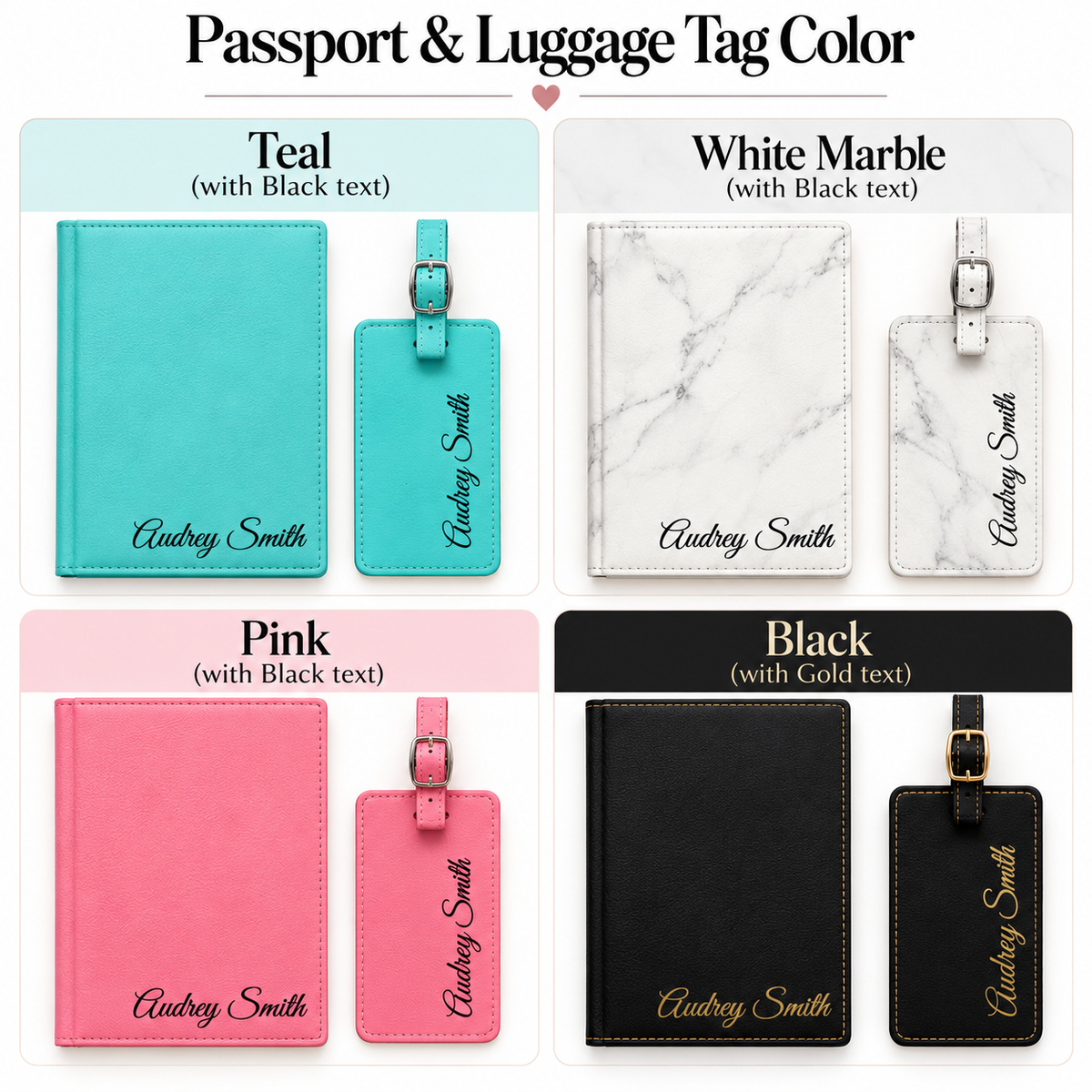 Four passport holder and luggage tag color options, teal, white marble, pink, and black, each personalized with a name in matching text color.
