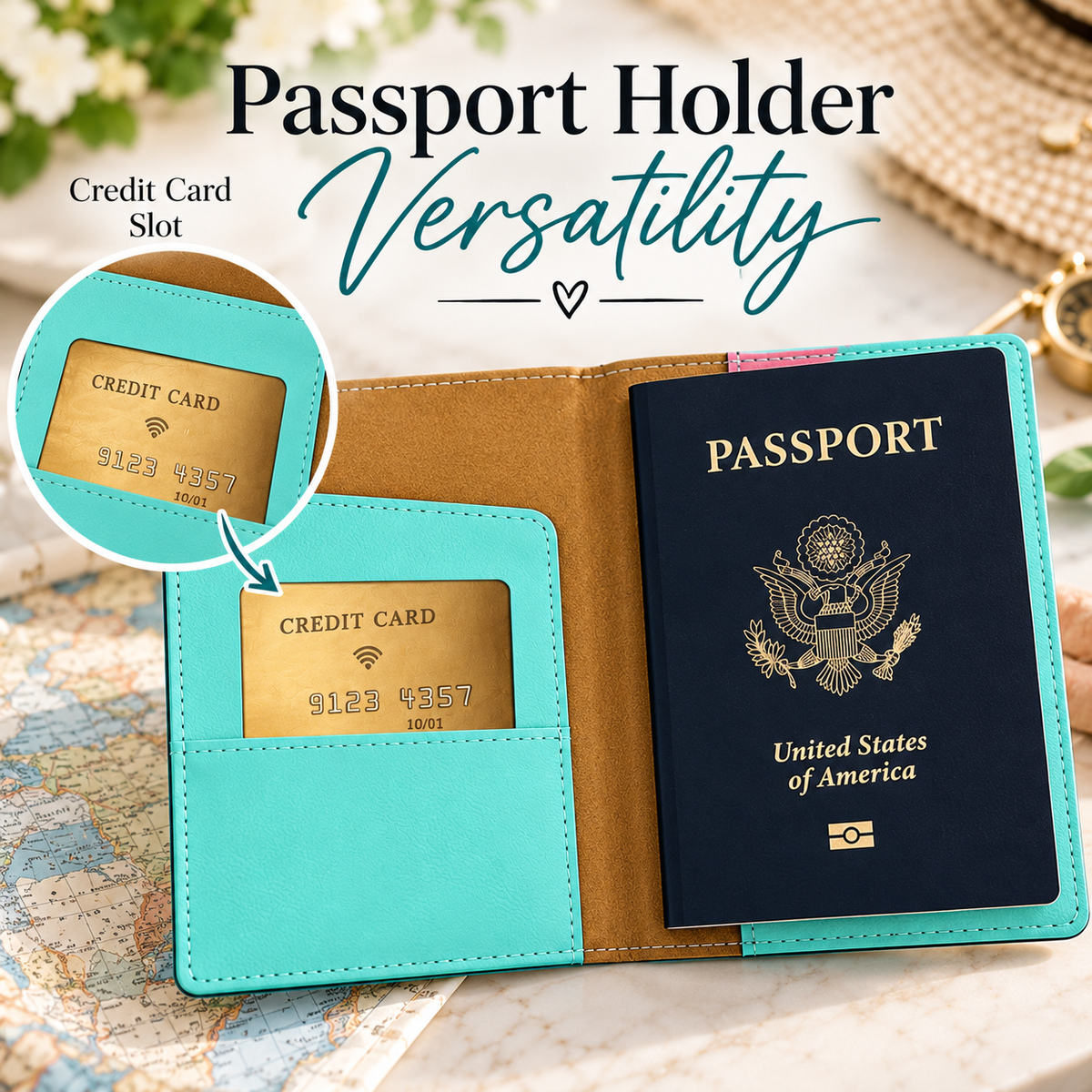 Open teal passport holder showing the credit card slot and a folded passport tucked inside the interior pocket.