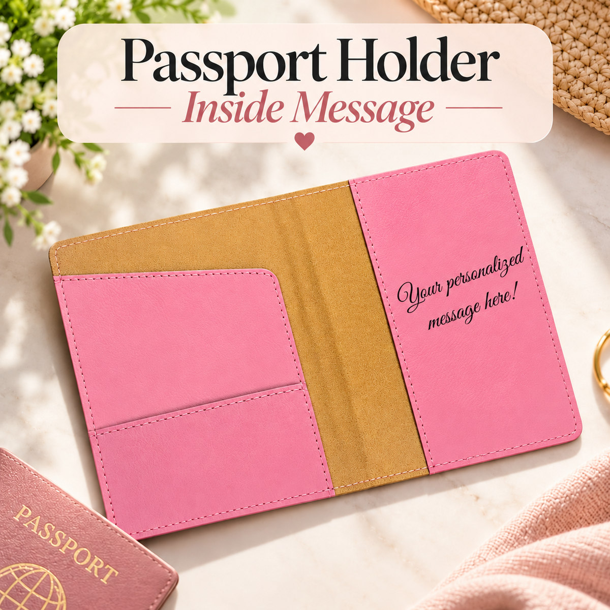 Open pink passport holder folded flat showing the tan center spine and a personalized message engraved on the inside right panel, with a passport beside it.