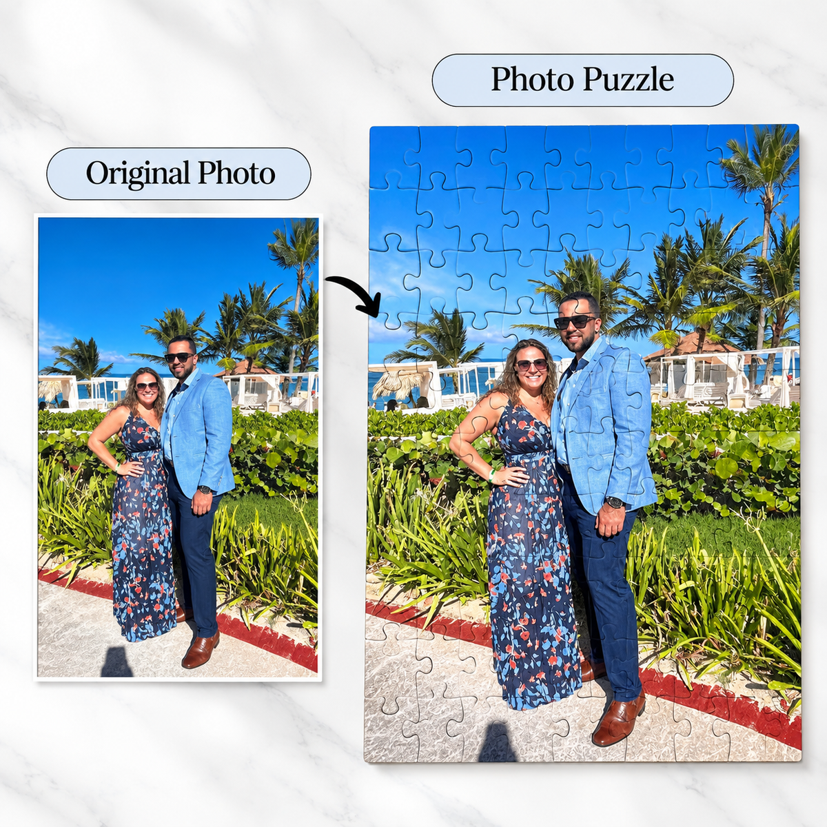 Side-by-side infographic labeled Original Photo and Photo Puzzle, showing a couple on vacation next to the same image turned into an assembled jigsaw puzzle