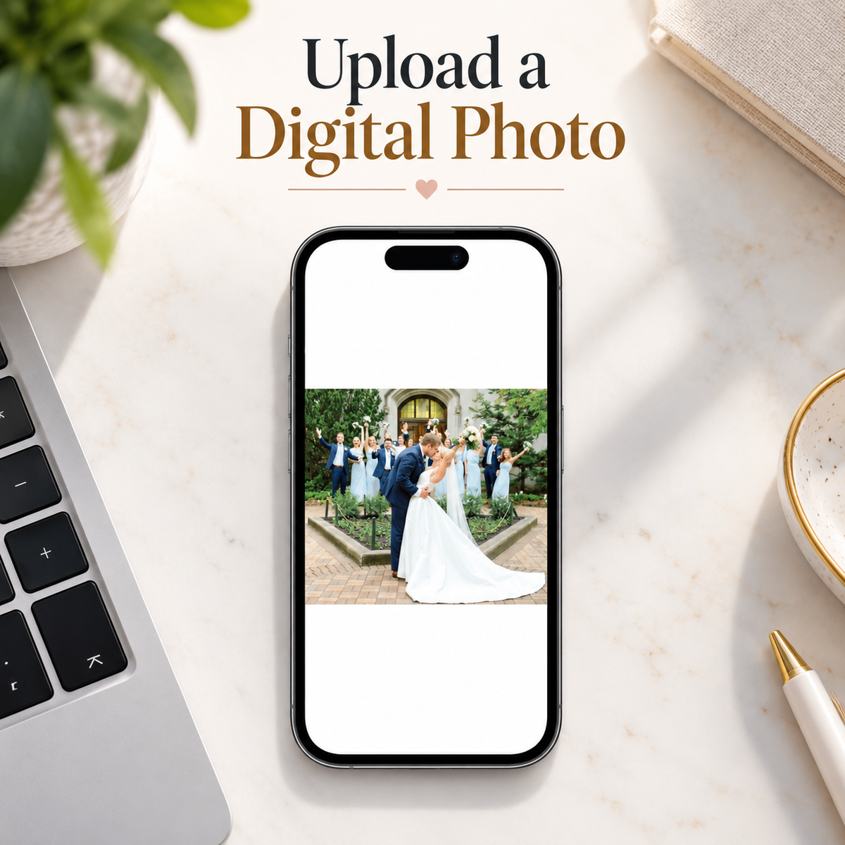 Infographic showing a smartphone screen with an Upload a Digital Photo prompt, displaying a wedding photo of a couple to be turned into a custom puzzle