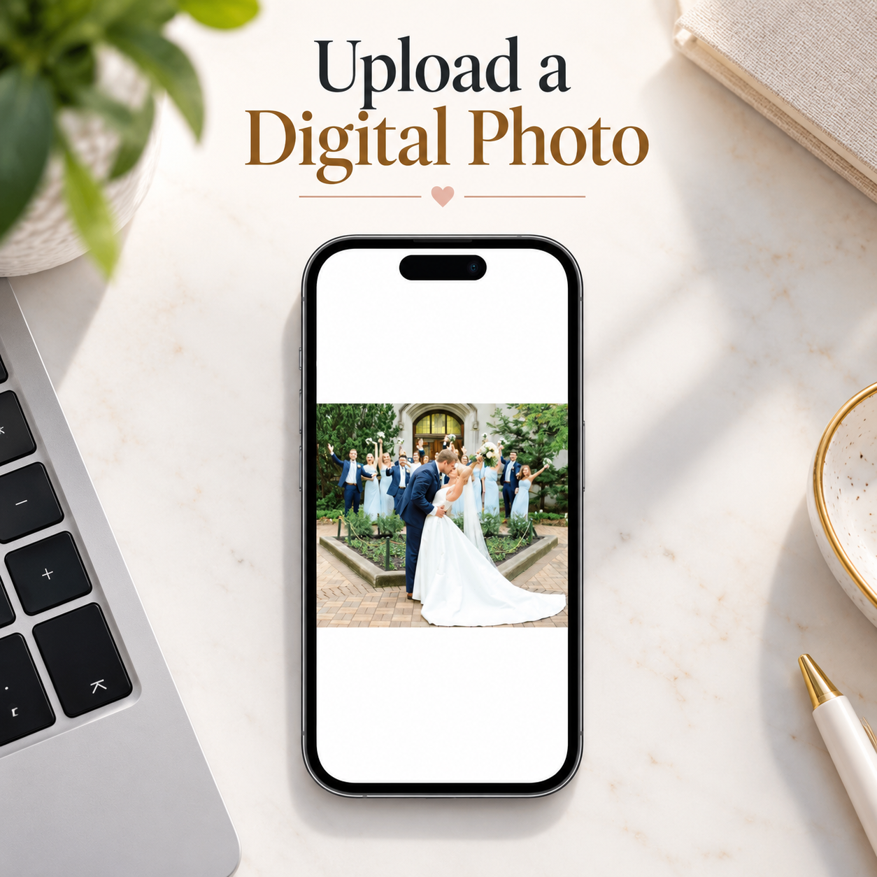 Infographic showing a smartphone screen with an Upload a Digital Photo prompt, displaying a wedding photo of a couple to be turned into a custom puzzle