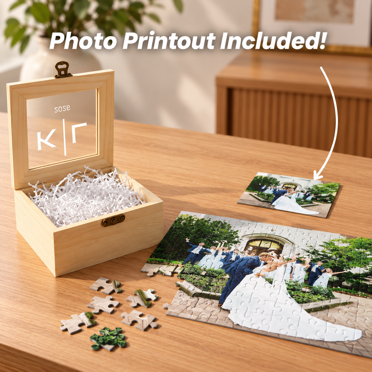 Wood keepsake box with a personalized glass window lid next to an assembled wedding photo puzzle and a small printed photo card, text overlay reads Photo Printout Included