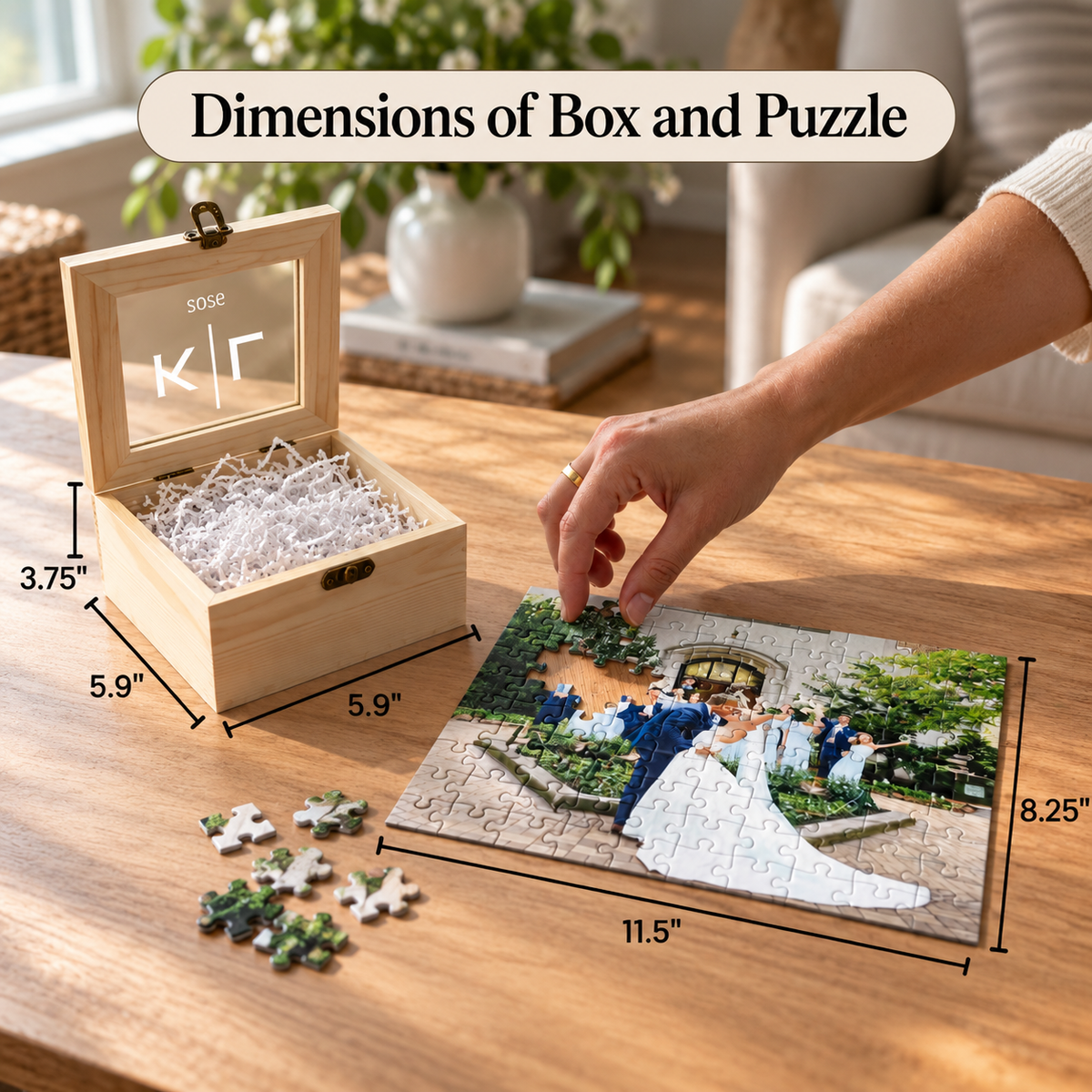 Infographic showing the wood gift box and assembled puzzle dimensions, box 5.9 by 5.9 by 3.75 inches and puzzle 8.25 by 11.5 inches, with a hand placing a puzzle piece