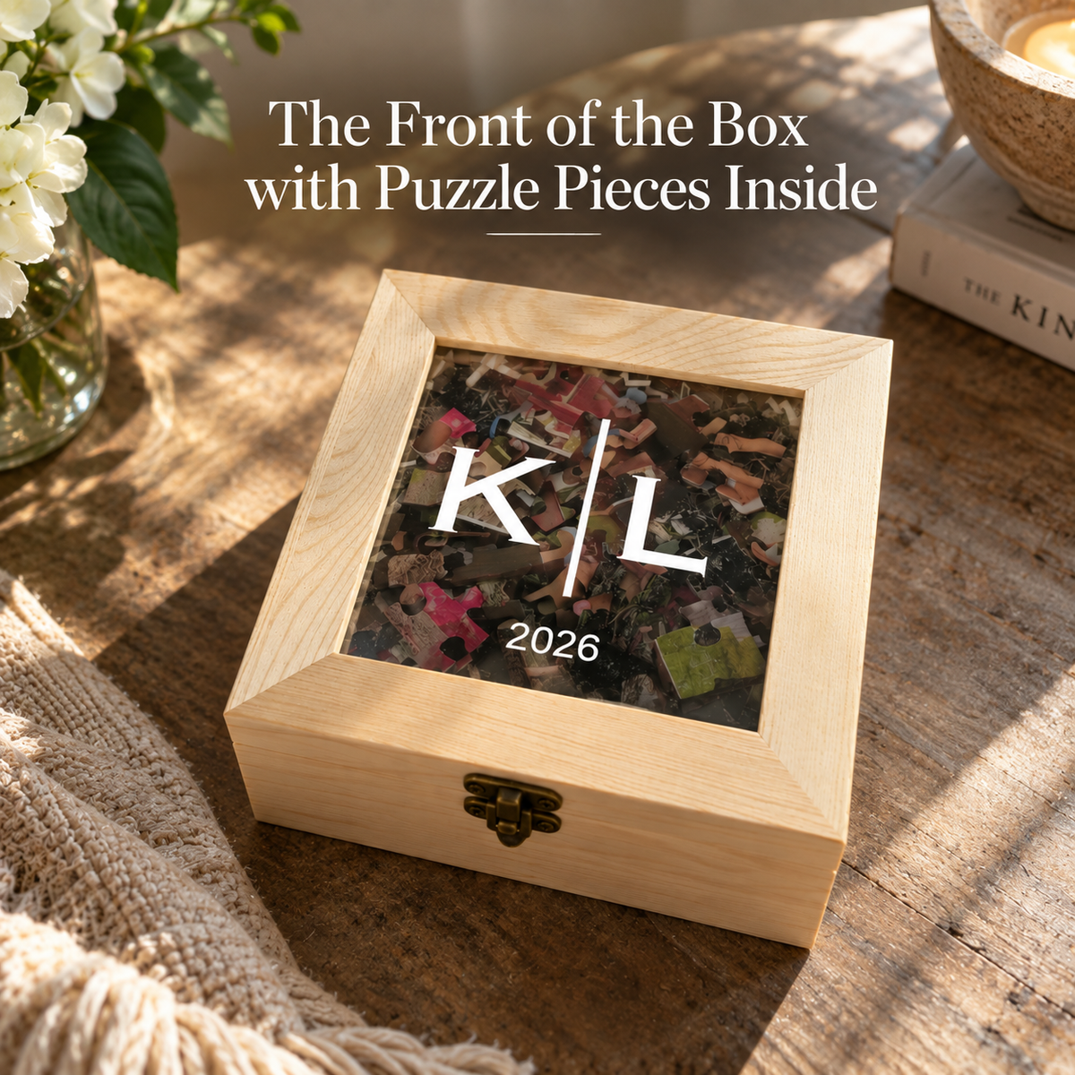 Close-up of a wood gift box glass window lid engraved with the initials K and L and the year 2026, filled with colorful puzzle piece confetti