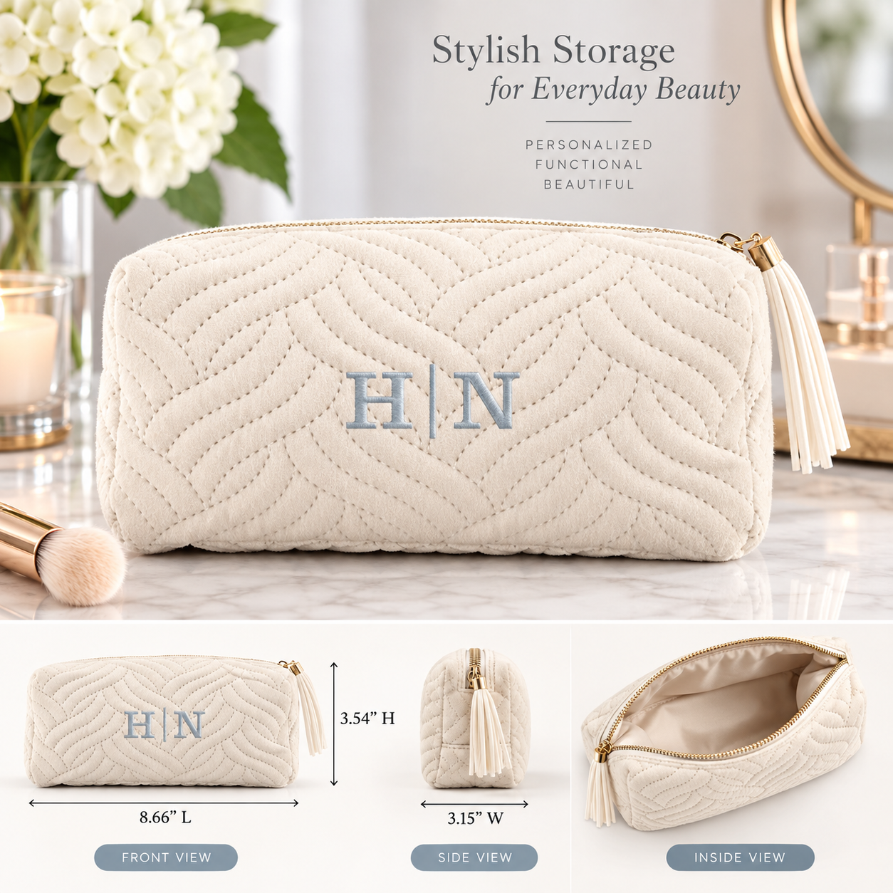 Ivory quilted makeup bag embroidered with H and N, with front, side, and interior views showing it measures 8.66 inches long, 3.54 inches tall, and 3.15 inches wide.