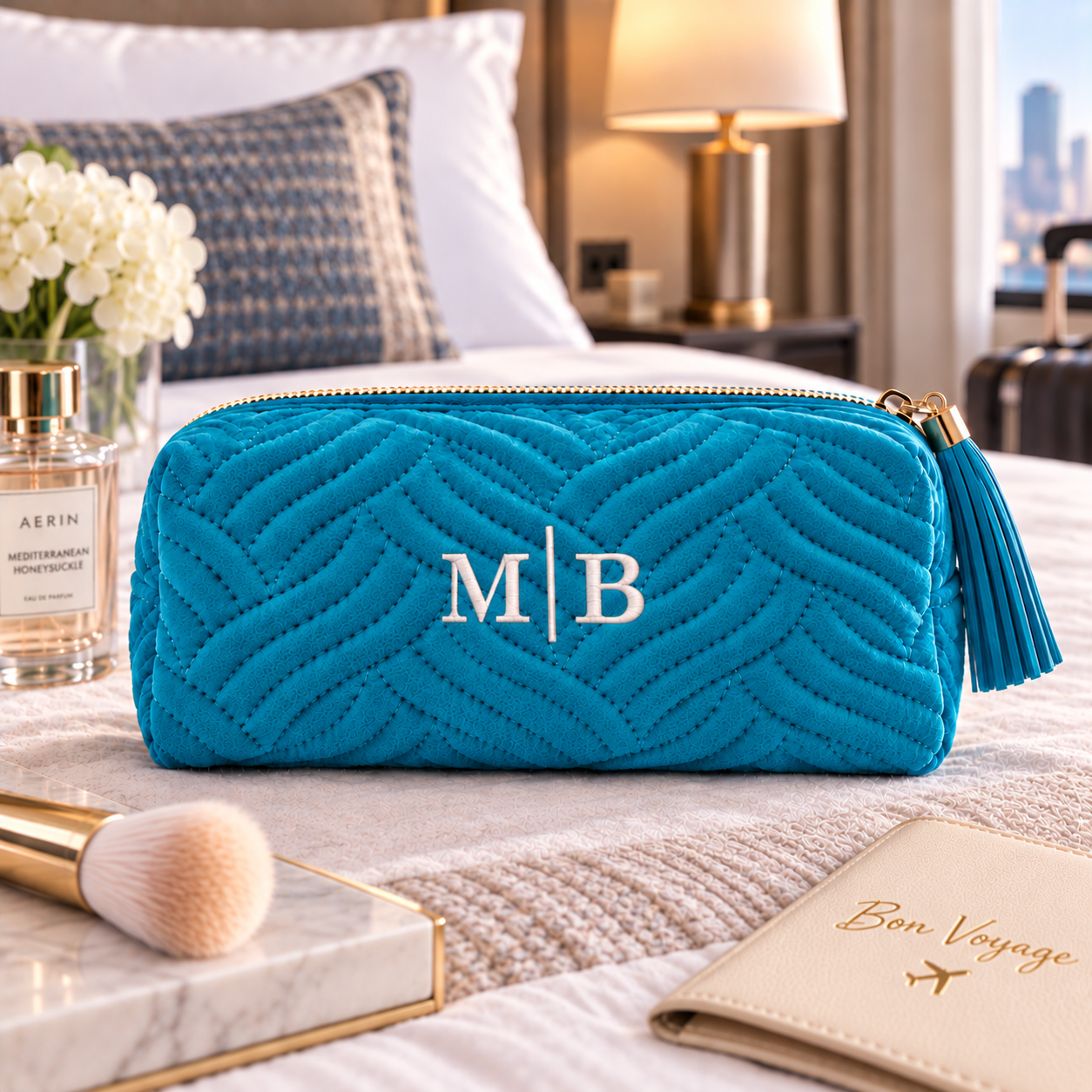 Teal quilted makeup bag embroidered with the initials M and B, styled on a hotel bed with perfume, flowers, and a Bon Voyage passport holder.