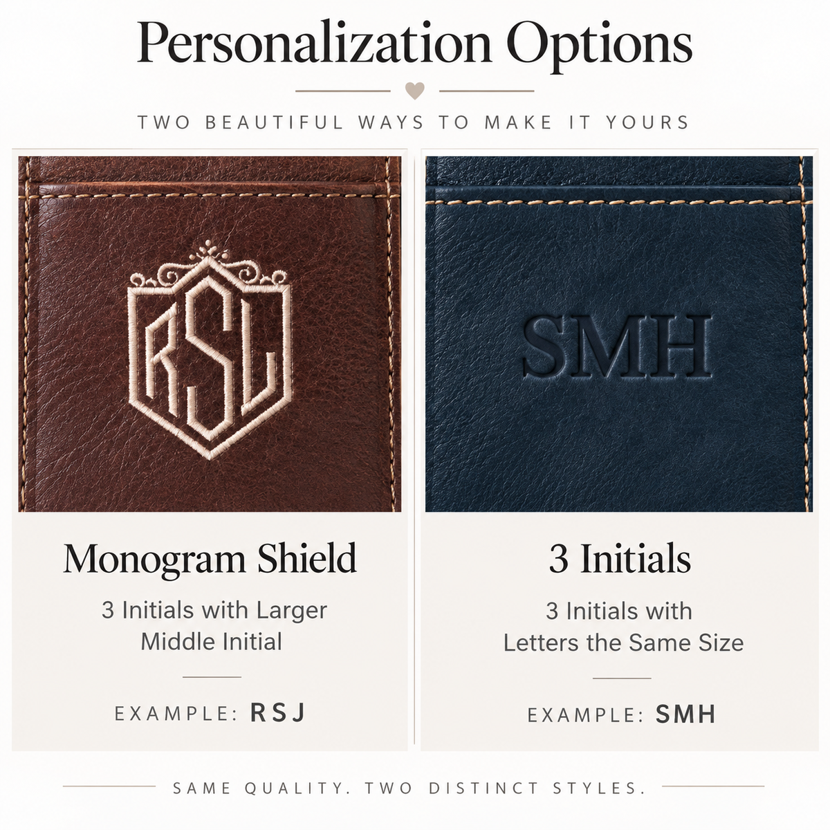 Two engraving personalization options shown on leather: brown bag with ornate monogram shield example "RSJ" and navy bag with block initials example "SMH