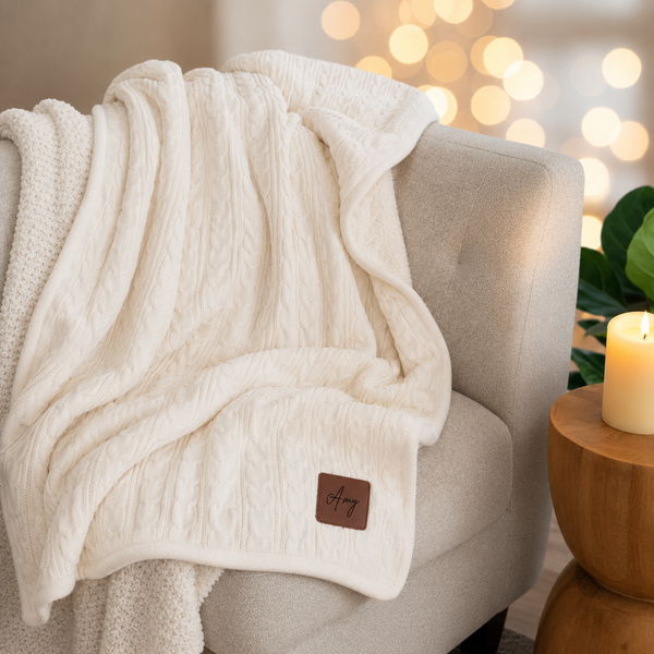 Cream cable-knit throw blanket draped over beige chair with brown leather personalization patch reading "Amy" and warm ambient lighting