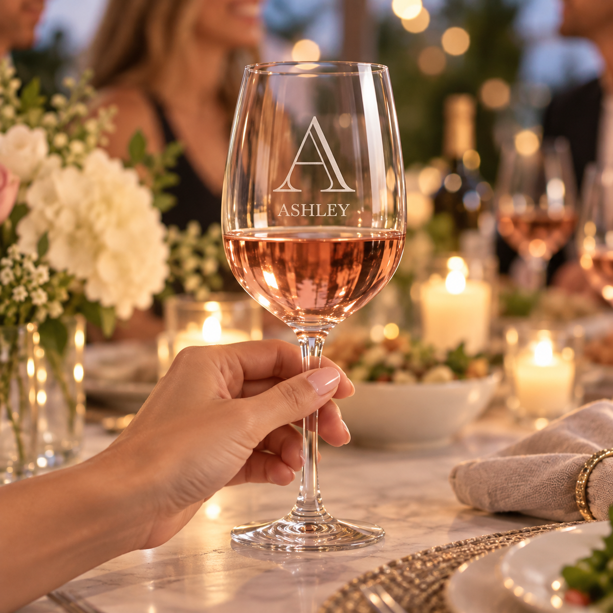 Stemmed wine glass engraved with sample "A ASHLEY" monogram, filled with rosé wine, held at an elegant table setting with flowers and candlelight