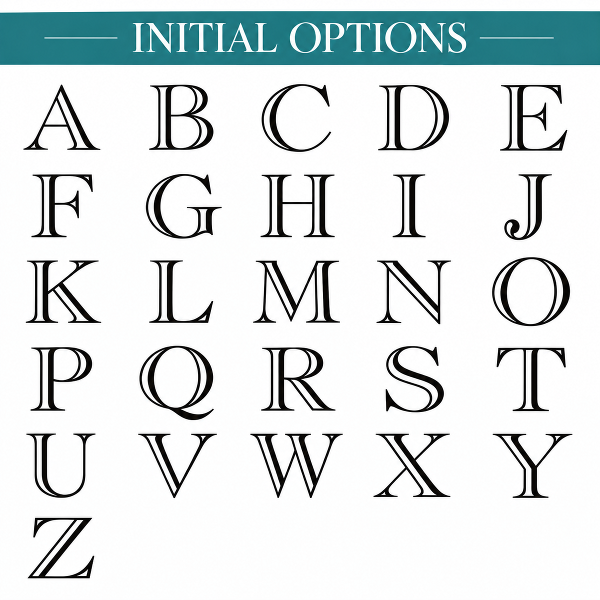 I see this is not the wine glass itself, but rather a display of initial/letter options for engraving personalization. Let me write the alt text: