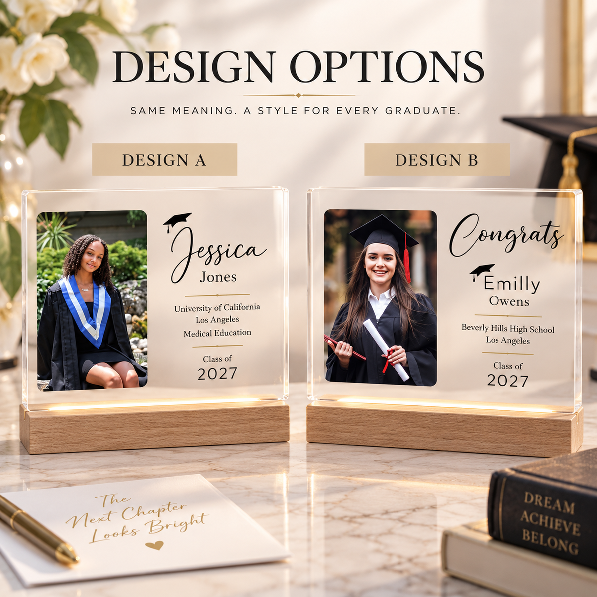 Side-by-side comparison of the two plaque designs, both glowing on their wood LED bases: Design A with the graduate's name in script, Design B with 'Congrats' above the name.