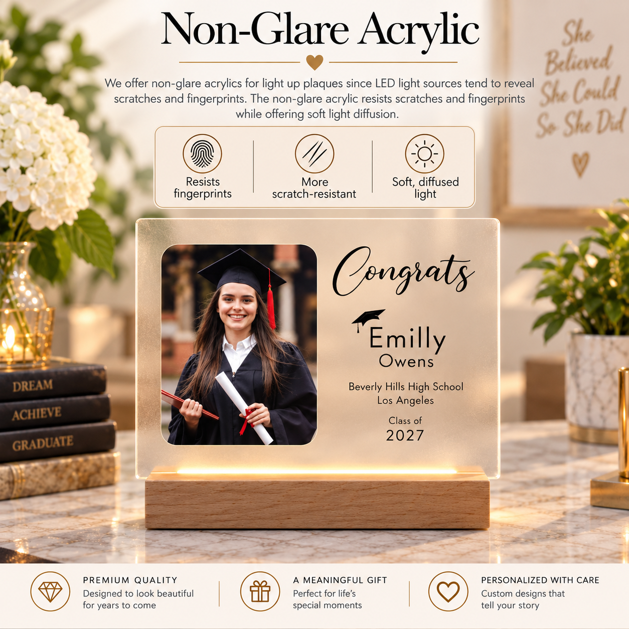 Graphic explaining that the non-glare acrylic resists fingerprints, is more scratch-resistant, and gives the LED light a soft, diffused glow, shown on the actual graduation plaque.