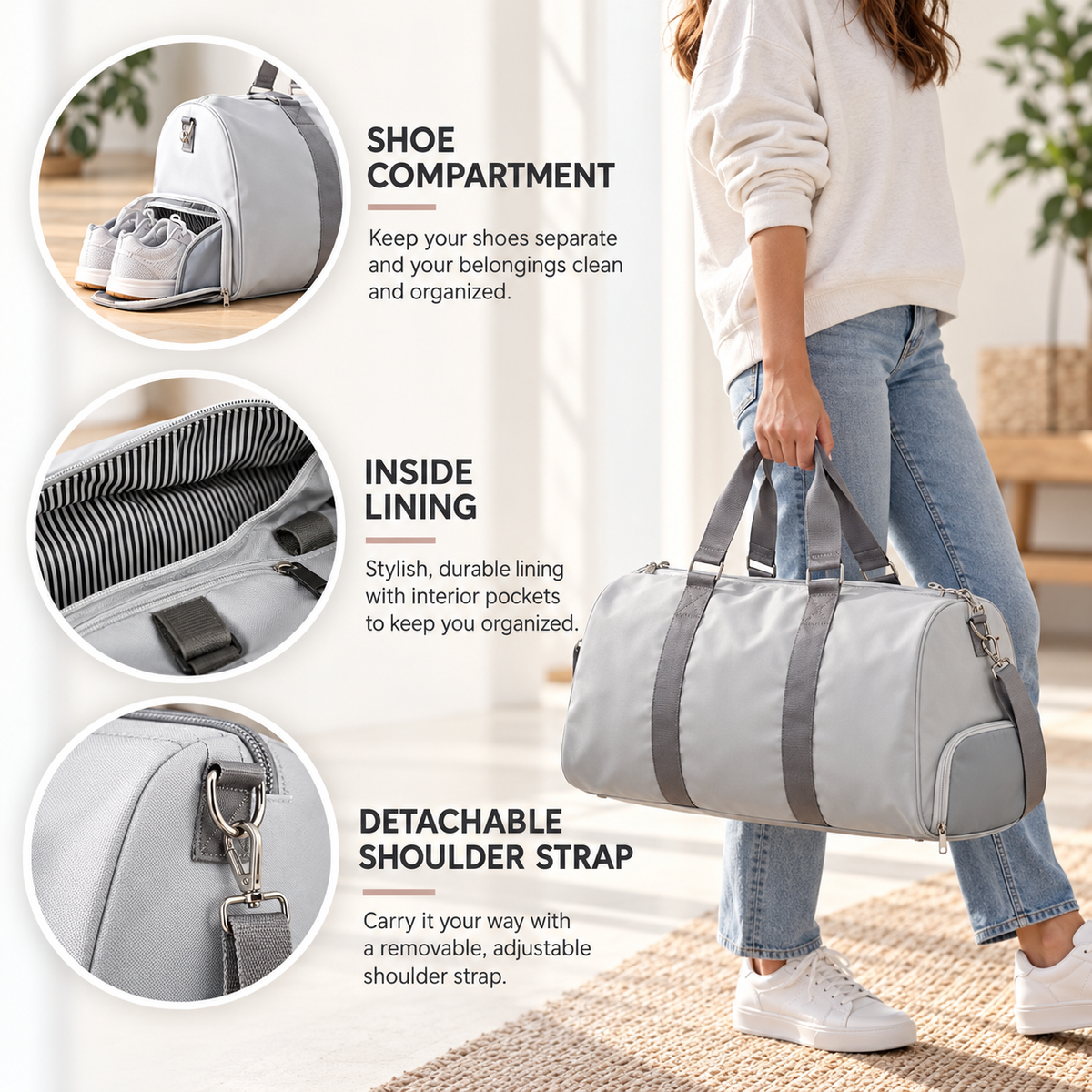 Feature close-ups of the grey duffle bag's separate shoe compartment holding sneakers, striped interior lining, and detachable shoulder strap, with the bag worn over one shoulder.