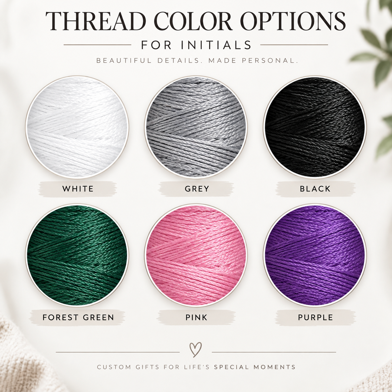 Thread color chart for the embroidered initials, showing all six options: white, grey, black, forest green, pink, and purple.