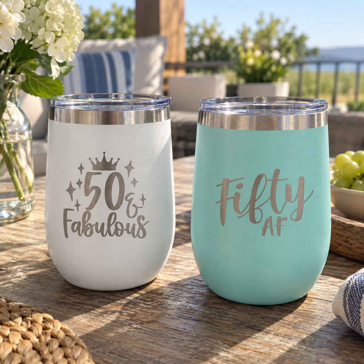 White and teal stemless wine tumblers engraved with '50 &amp; Fabulous' and 'Fifty AF' 50th birthday designs, on an outdoor patio table.