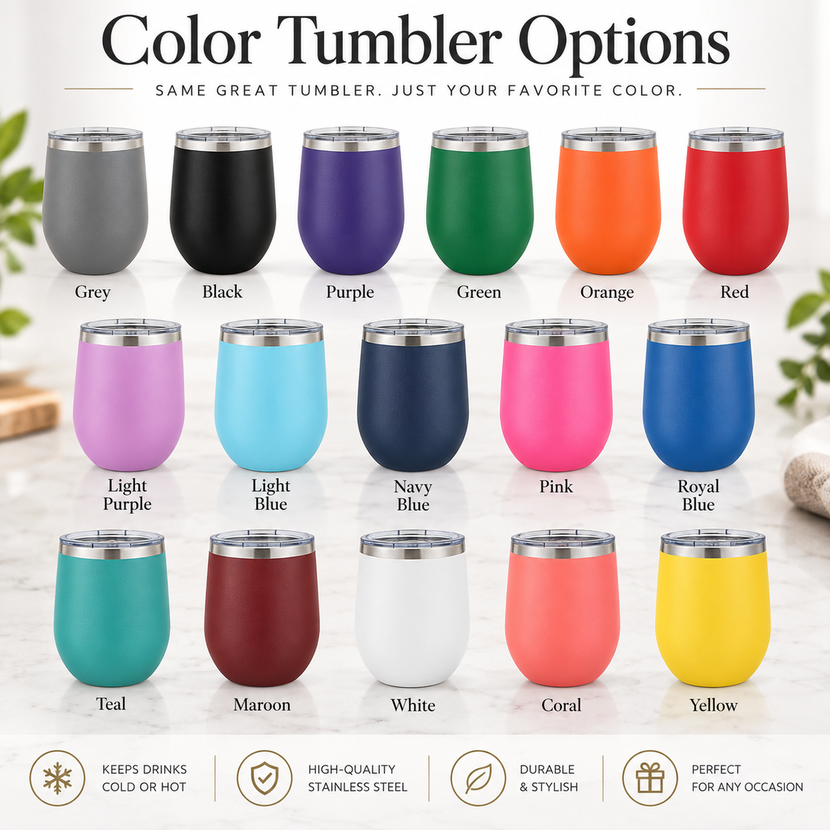 Color options chart for the 50th birthday tumbler showing all 16 available colors, including grey, black, purple, teal, and coral.