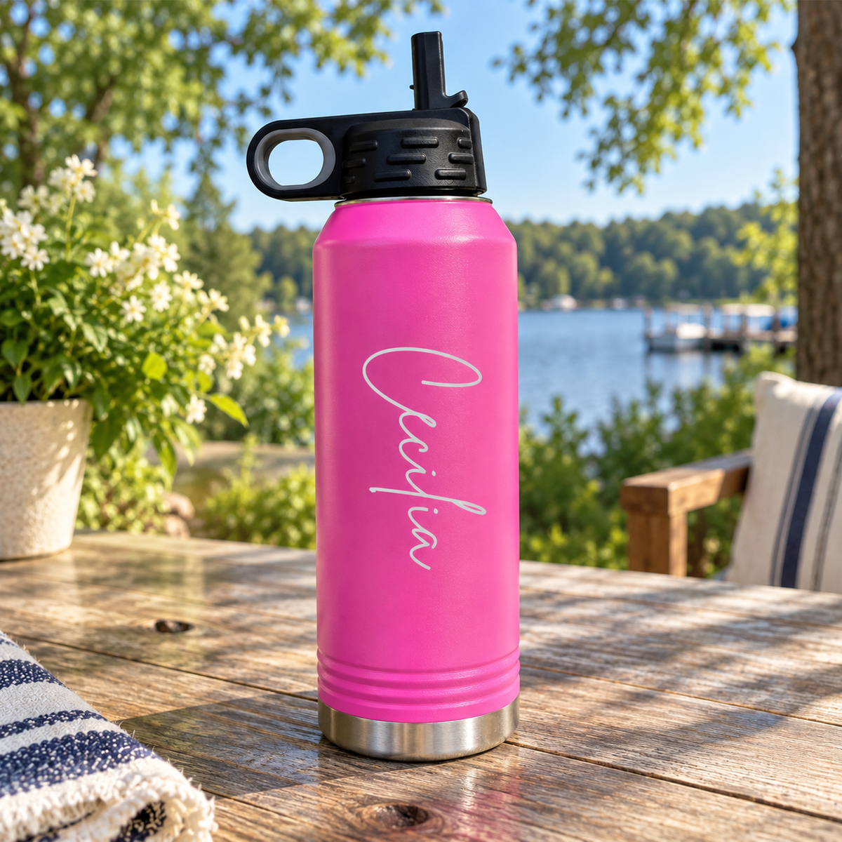 Water bottle lid detail diagram showing the flip-top lid, soft rubber finger hold, and rigid removable straw on an insulated water bottle.