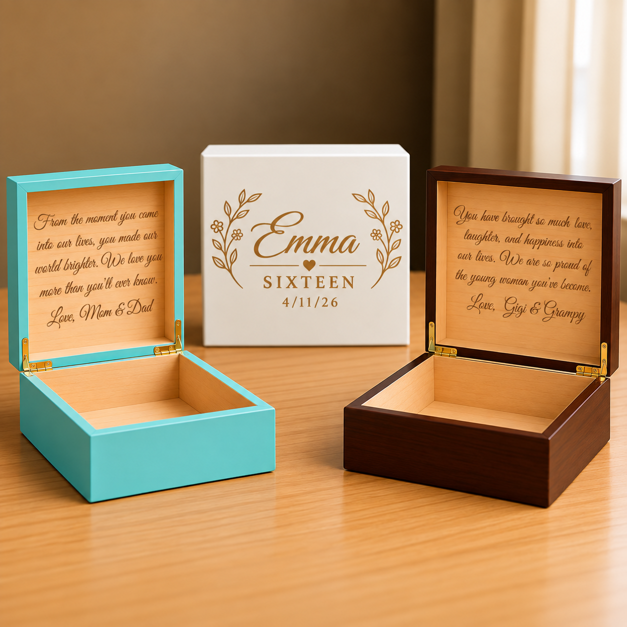 Wooden keepsake boxes in turquoise, cream, and brown with engraved names, dates, and sample birthday messages inside