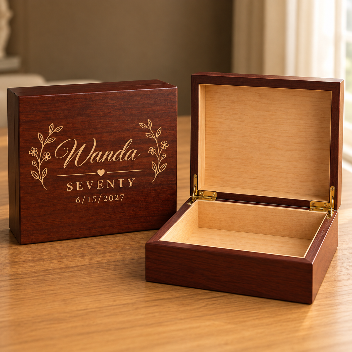 Wooden keepsake box with sample personalization reading "Winiola SEVENTY 01/15/2025," shown closed and open with light wood interior