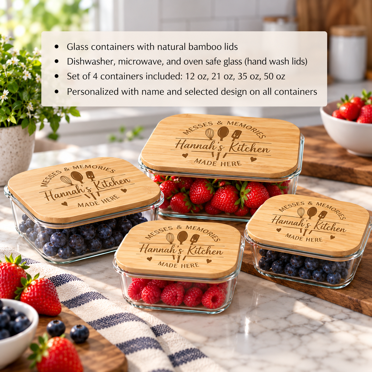 Four glass food storage containers with engraved bamboo lids filled with berries, next to a bullet list of features including personalized name and design