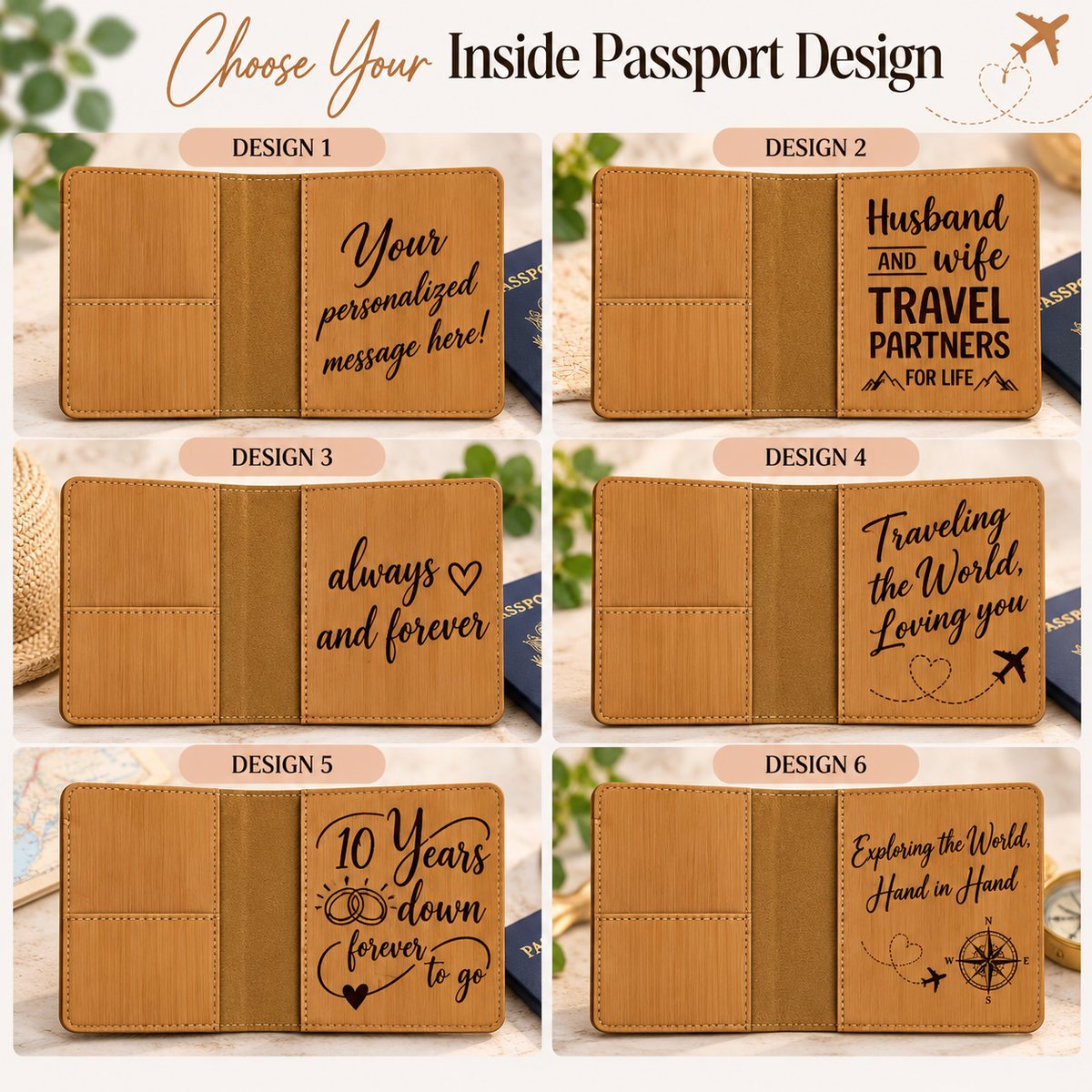 Six numbered inside passport panel designs for the travel gift set, each engraved with a phrase such as Husband and Wife Travel Partners or Always and Forever.