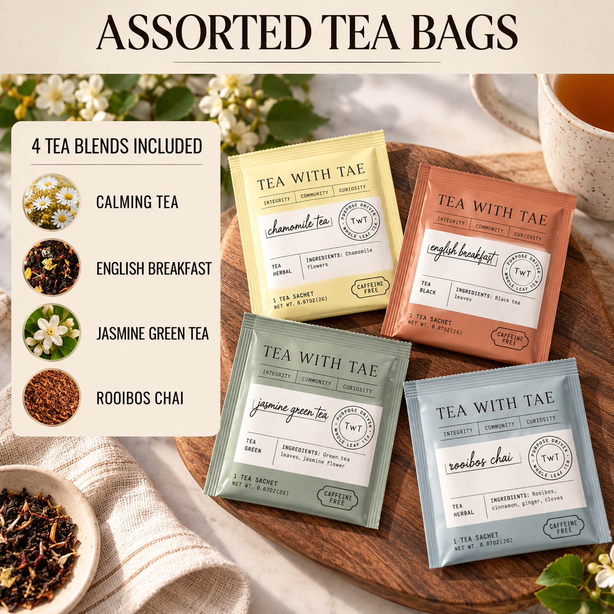 Four gourmet tea sachets, chamomile, english breakfast, jasmine green tea, and rooibos chai, each in a labeled paper packet